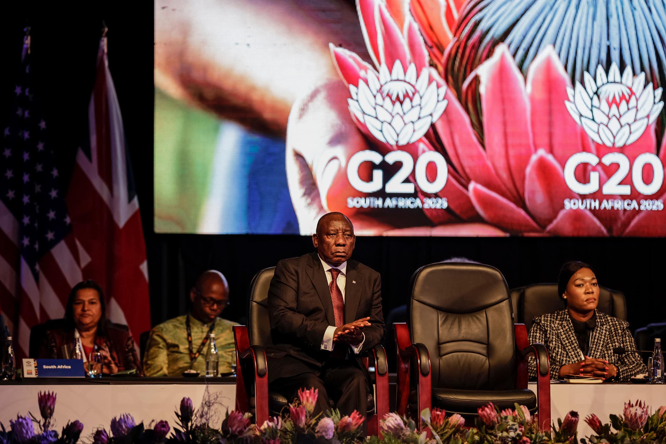 South African President Cyril Ramaphosa at the G20 Foreign Minister Meeting at the Nasrec Expo Centre in Johannesburg on February 20, 2025. 