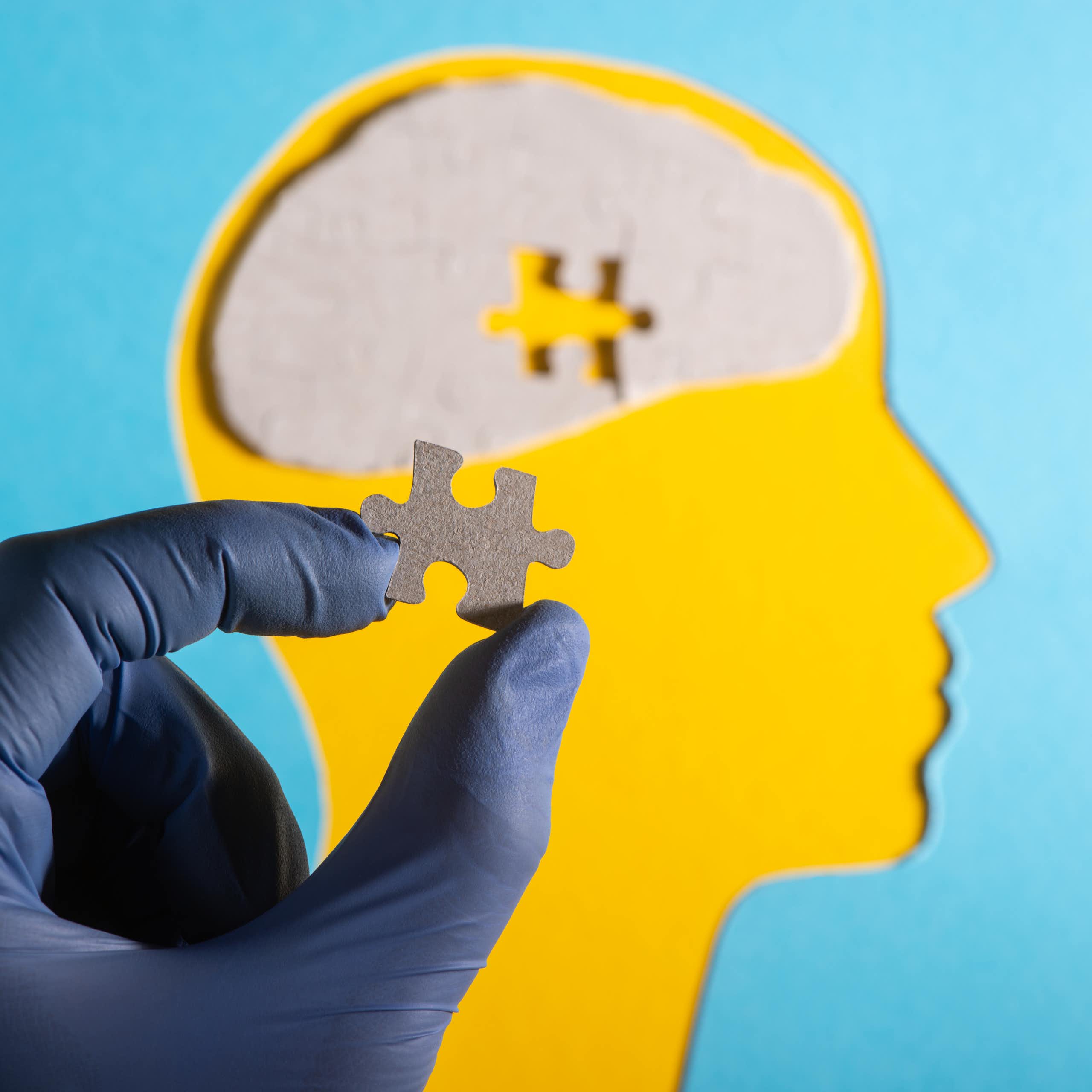 A cutout of a head in side-profile. In the centre of the head's brain, it is missing a puzzle piece. A person's hand holds that missing piece between their thumb and forefinger.