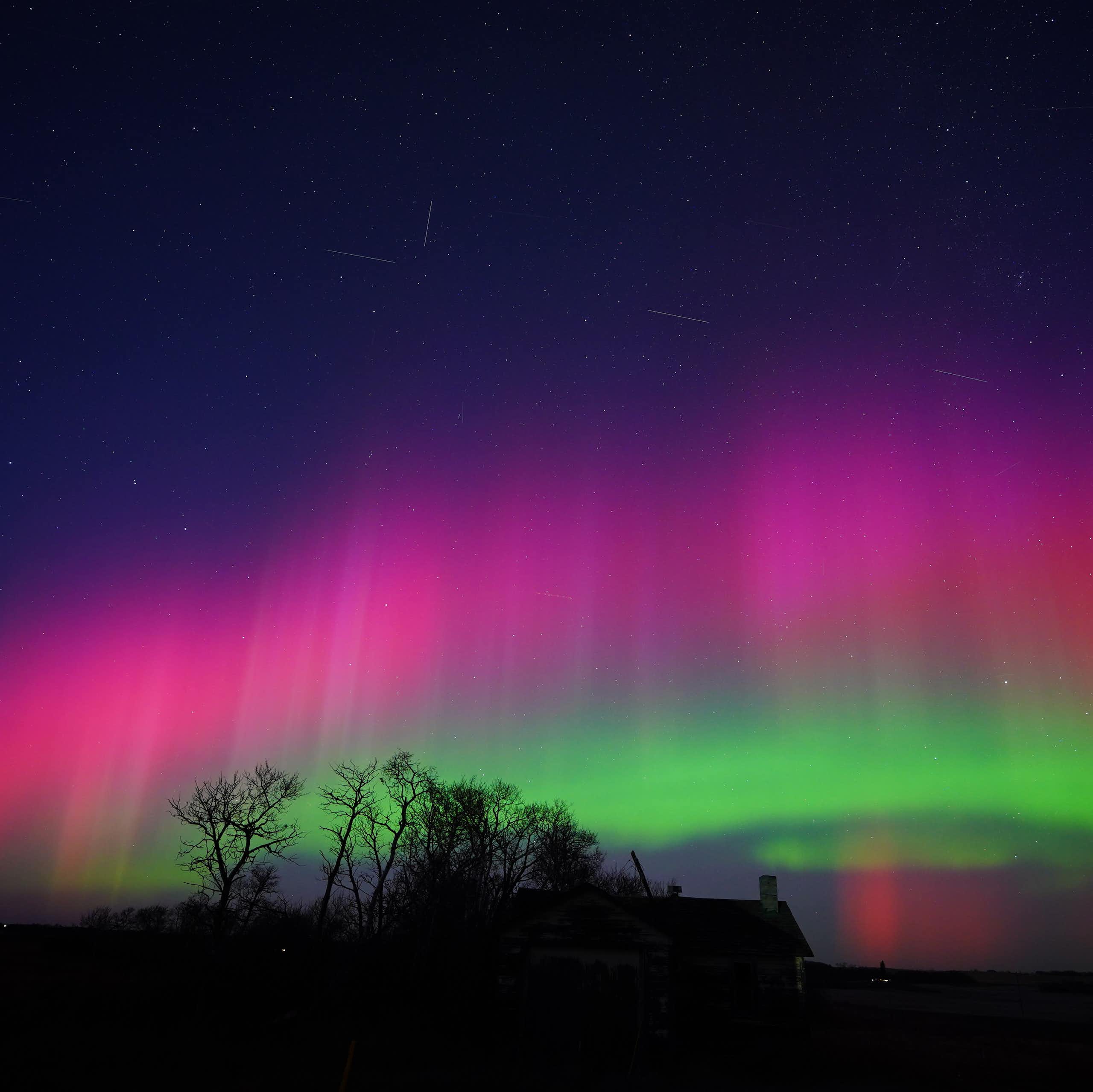 A Starlink train passing through bright green and pink auroras over rural Saskatchewan