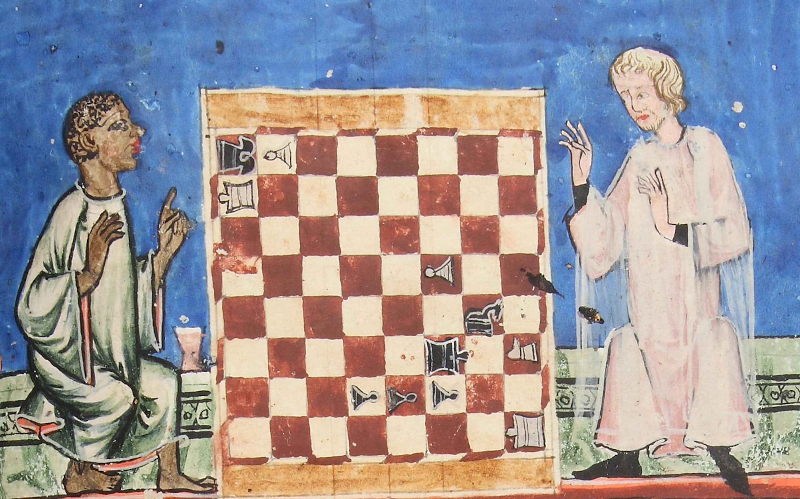 An illustration from the Libro de Axedrez showing two players, one white and one black, playing chess.