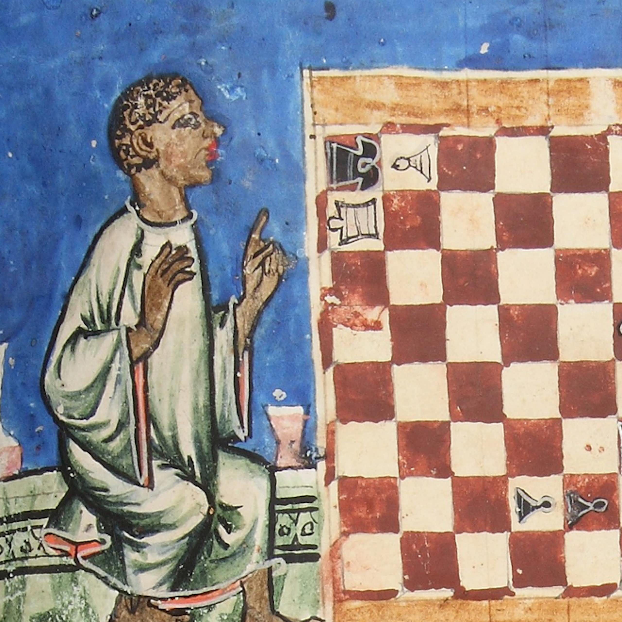 An illustration from the Libro de Axedrez showing two players, one white and one black, playing chess.
