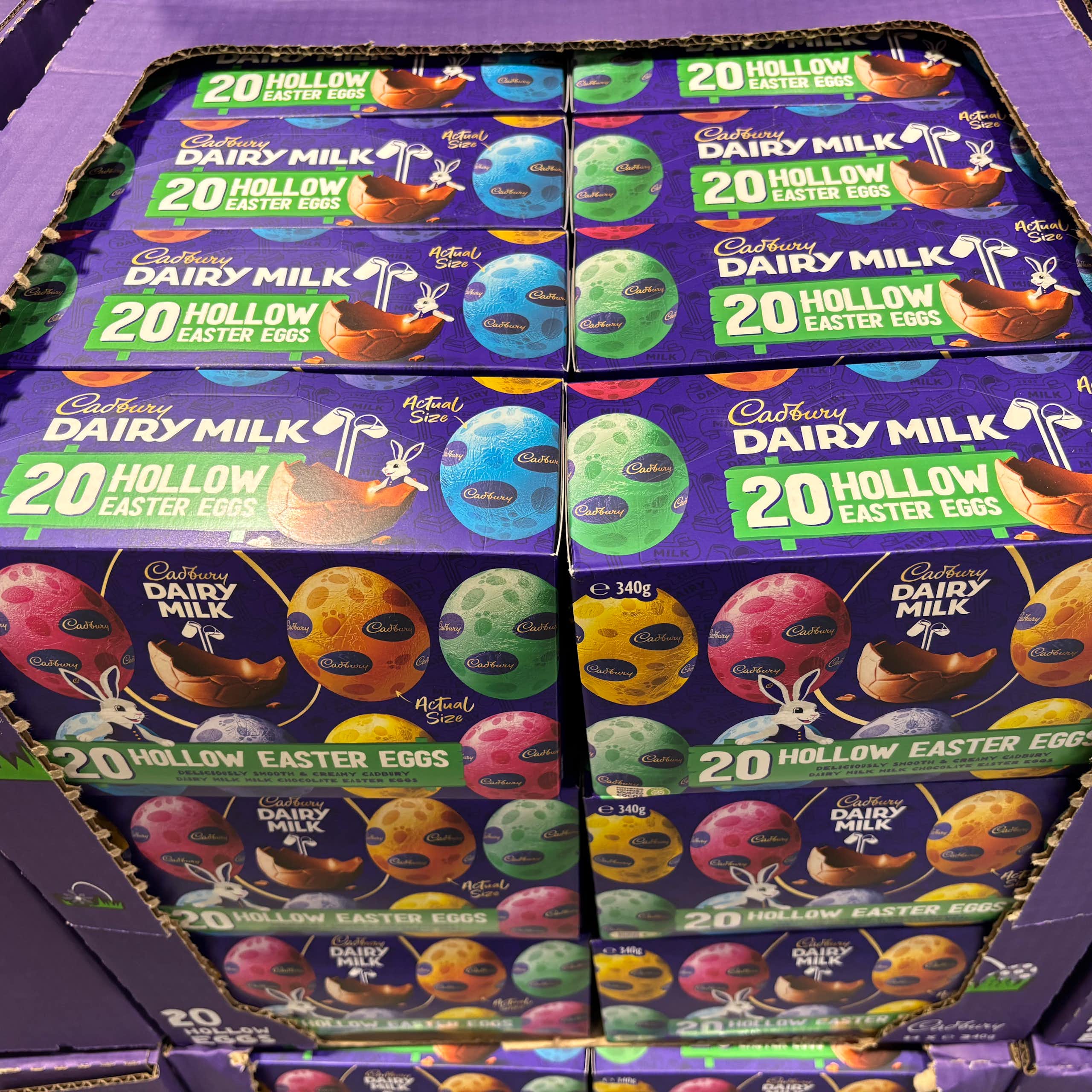 A carton of boxes of Easter eggs