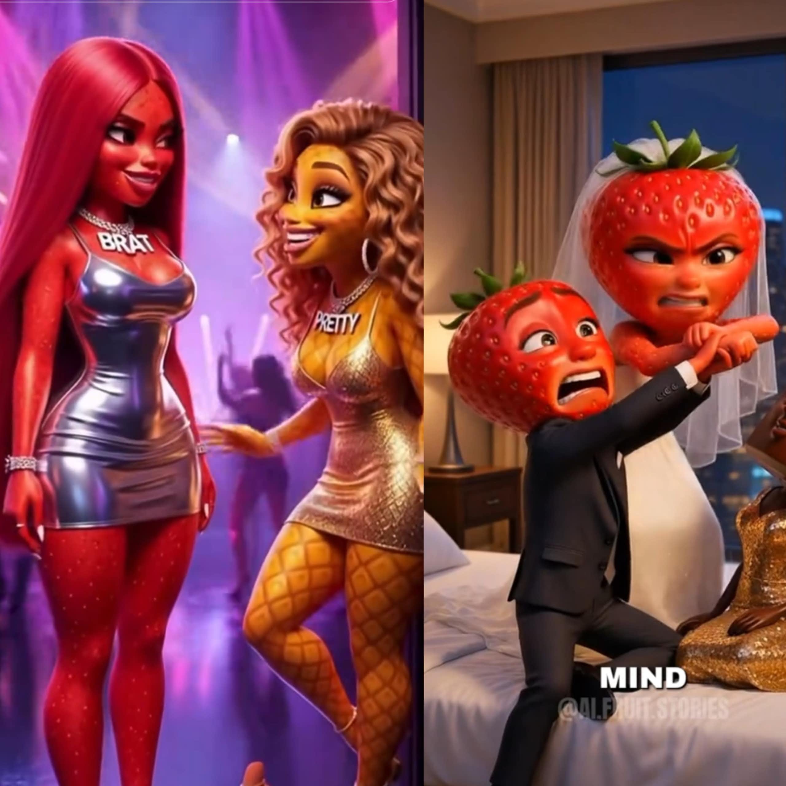 A composite image showing three panels of anthropomorphic fruit characters in various settings.