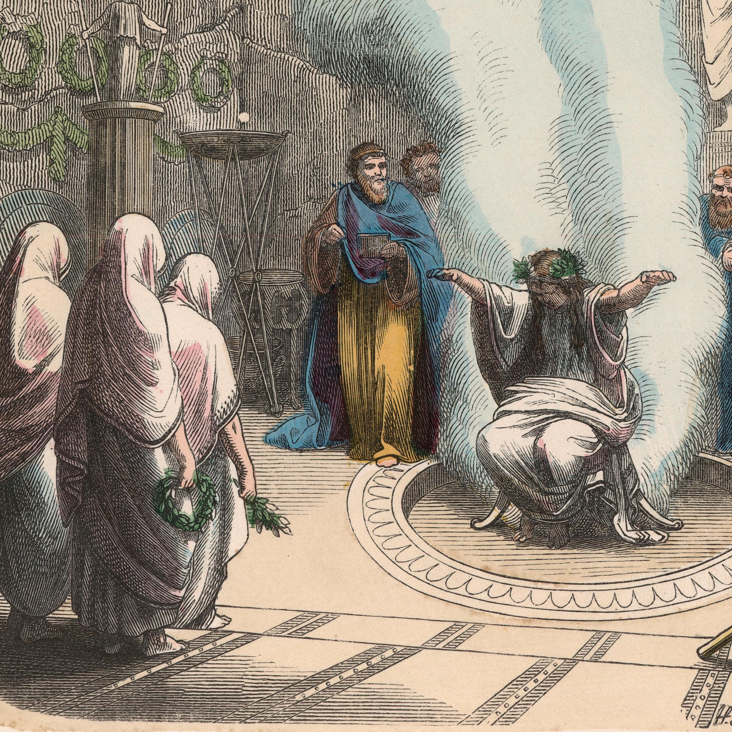 Shrine to Apollo: The Oracle at Delphi - Coloured engraving by Heinrich Leutemann (1824-1905) - Bilder aus dem Altertume (Pictures from Antiquity) 1866