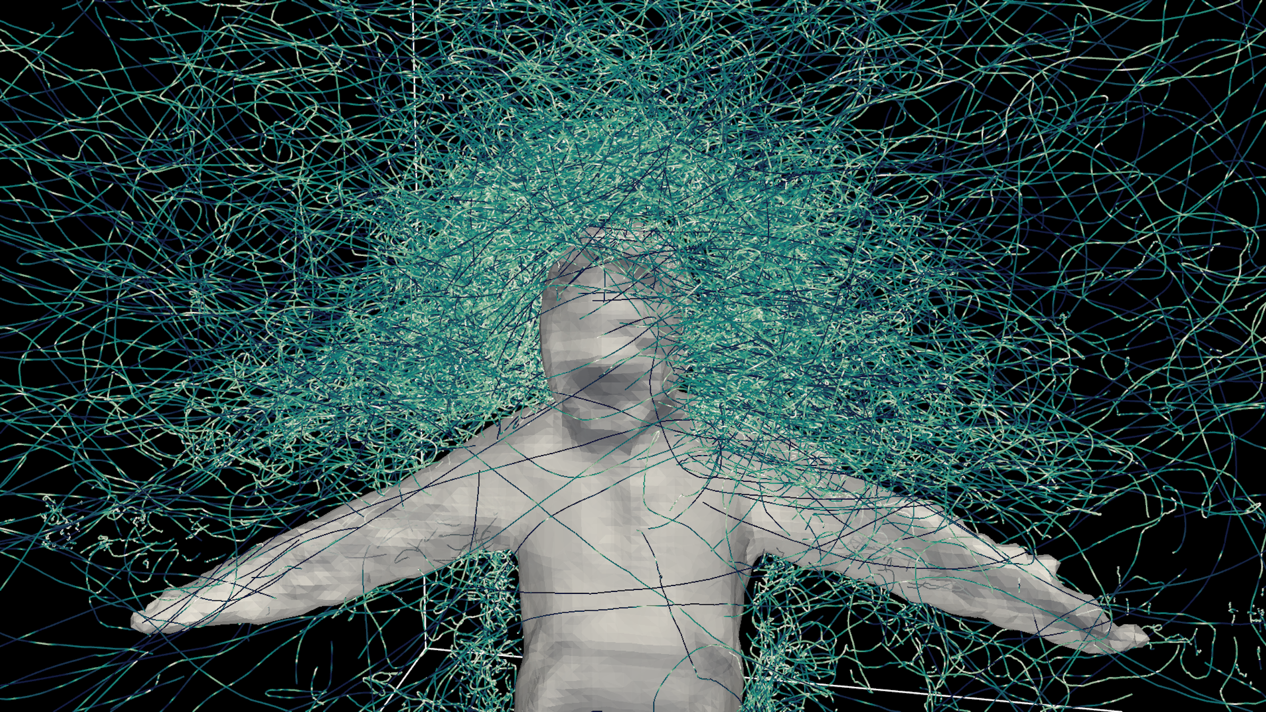 white silhouette of a human upper body surrounded by what look like filaments, concentrated around the head