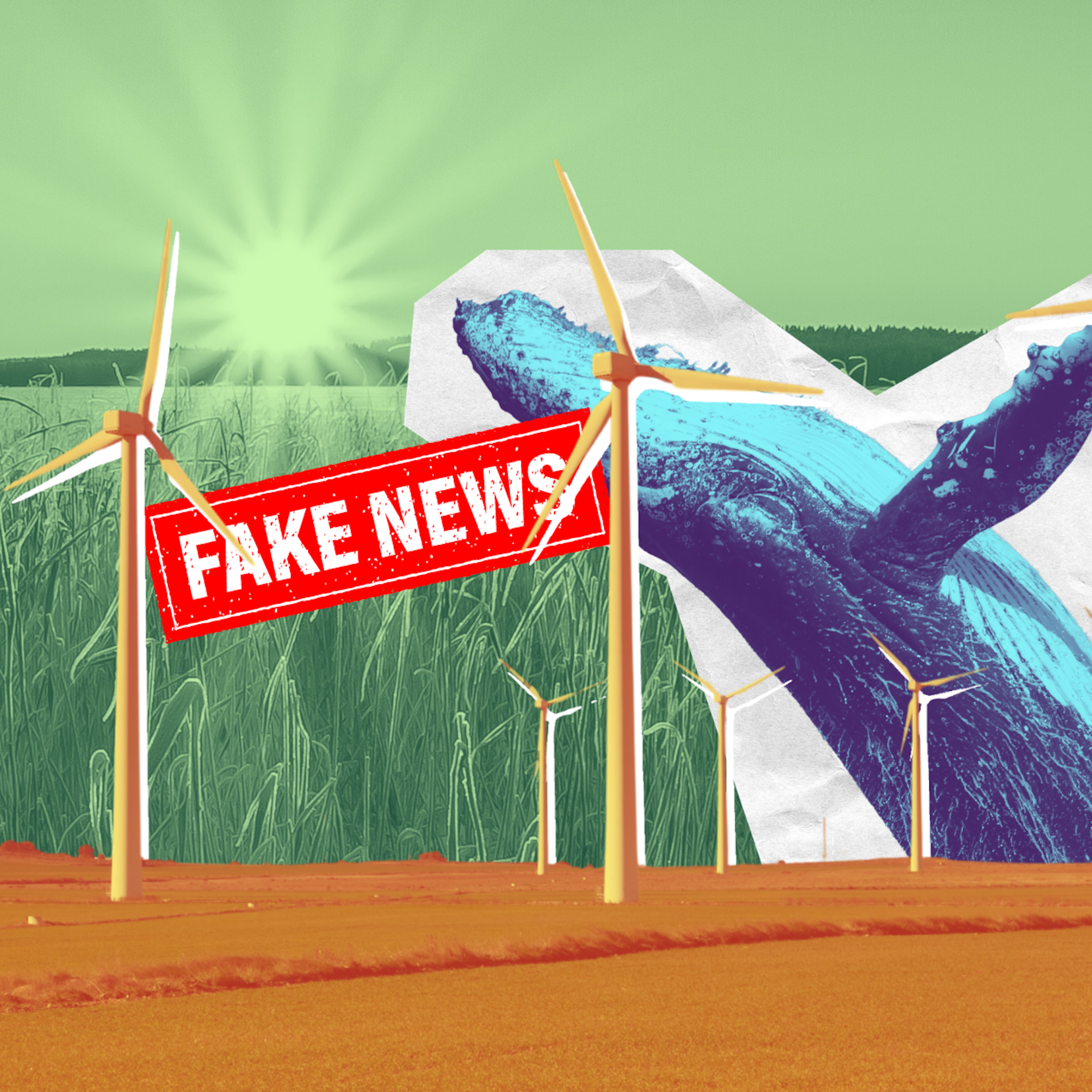 A wind farm and wind turbines with a sunrise in the background and a whale leaping over the horizon