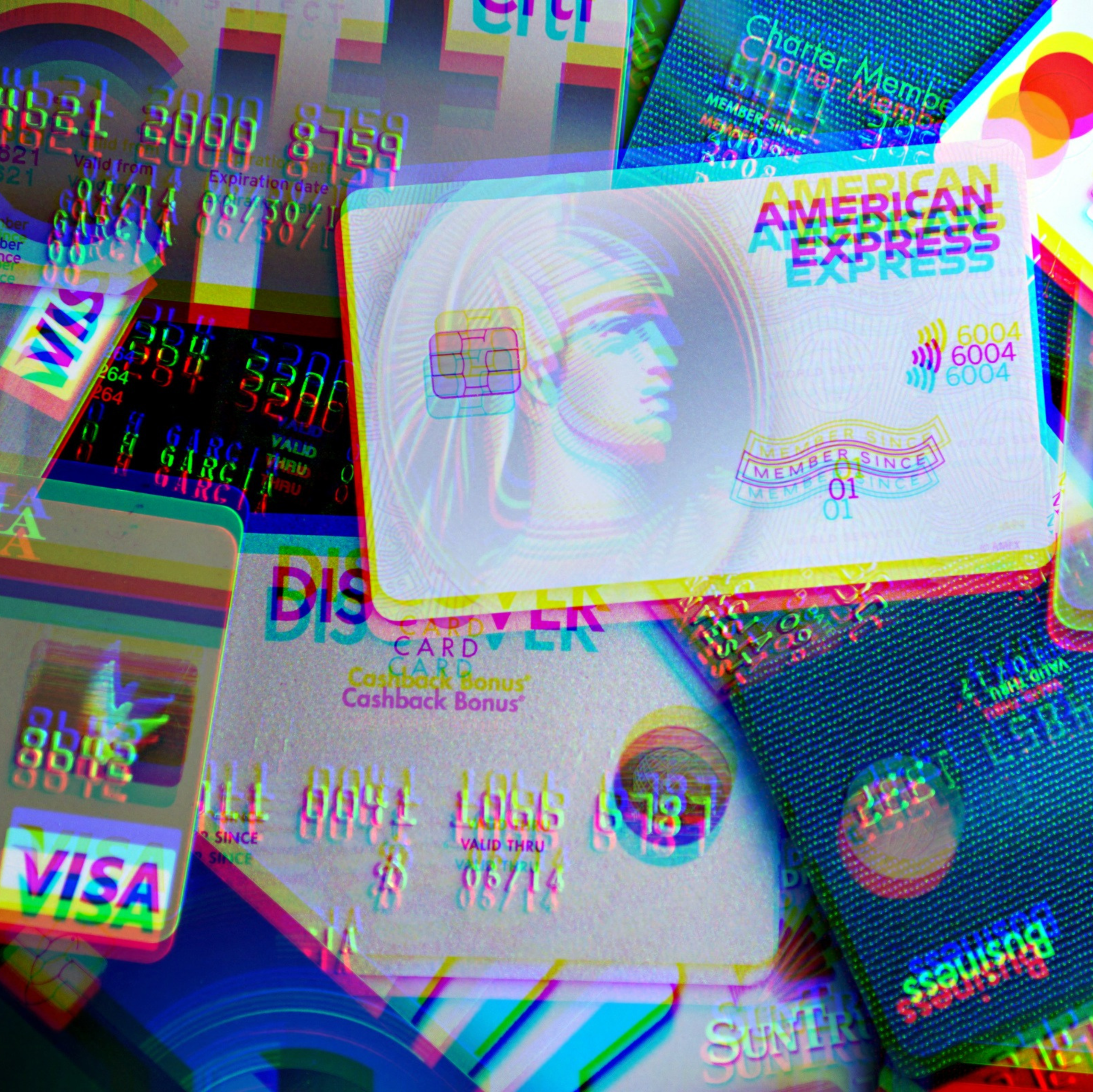 A collection of bank cards with glitch effect. 